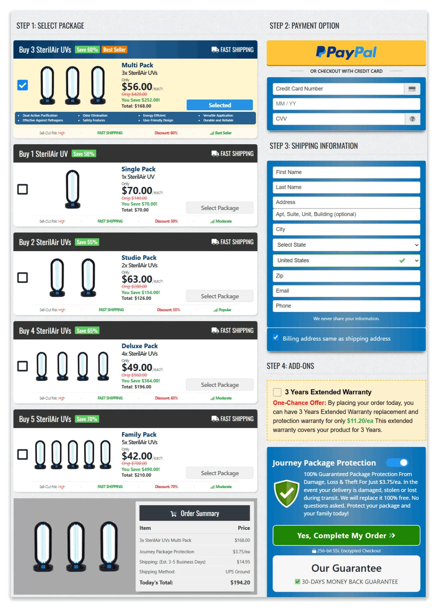 SterilAir UV Lamp secure checkout page